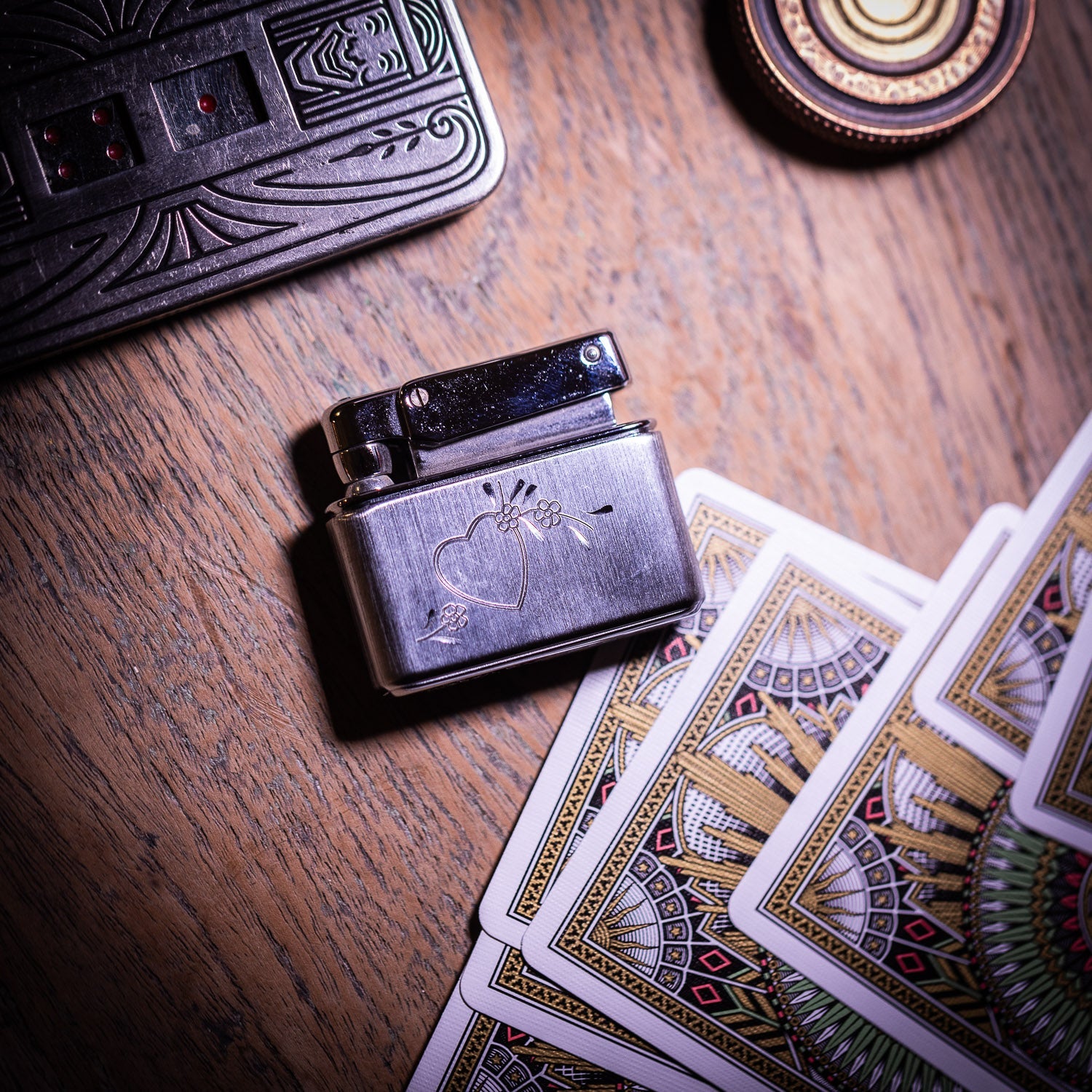 Vintage Kreisler Chrome Lighter - Double Heart Floral - Lighter | Gladfellow