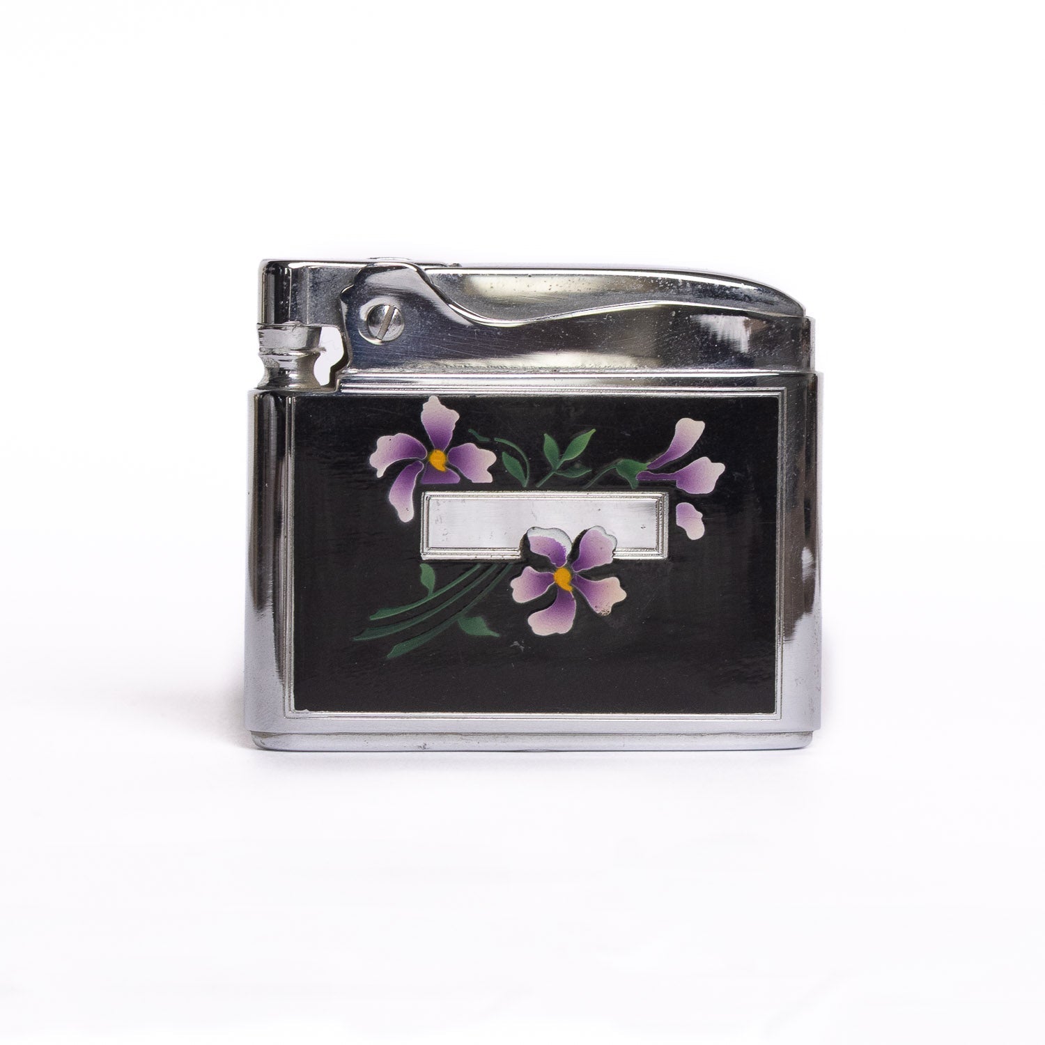 Vintage Ronson Adonis Lighter – Black Enamel w/ Purple Floral Design - Lighter | Gladfellow