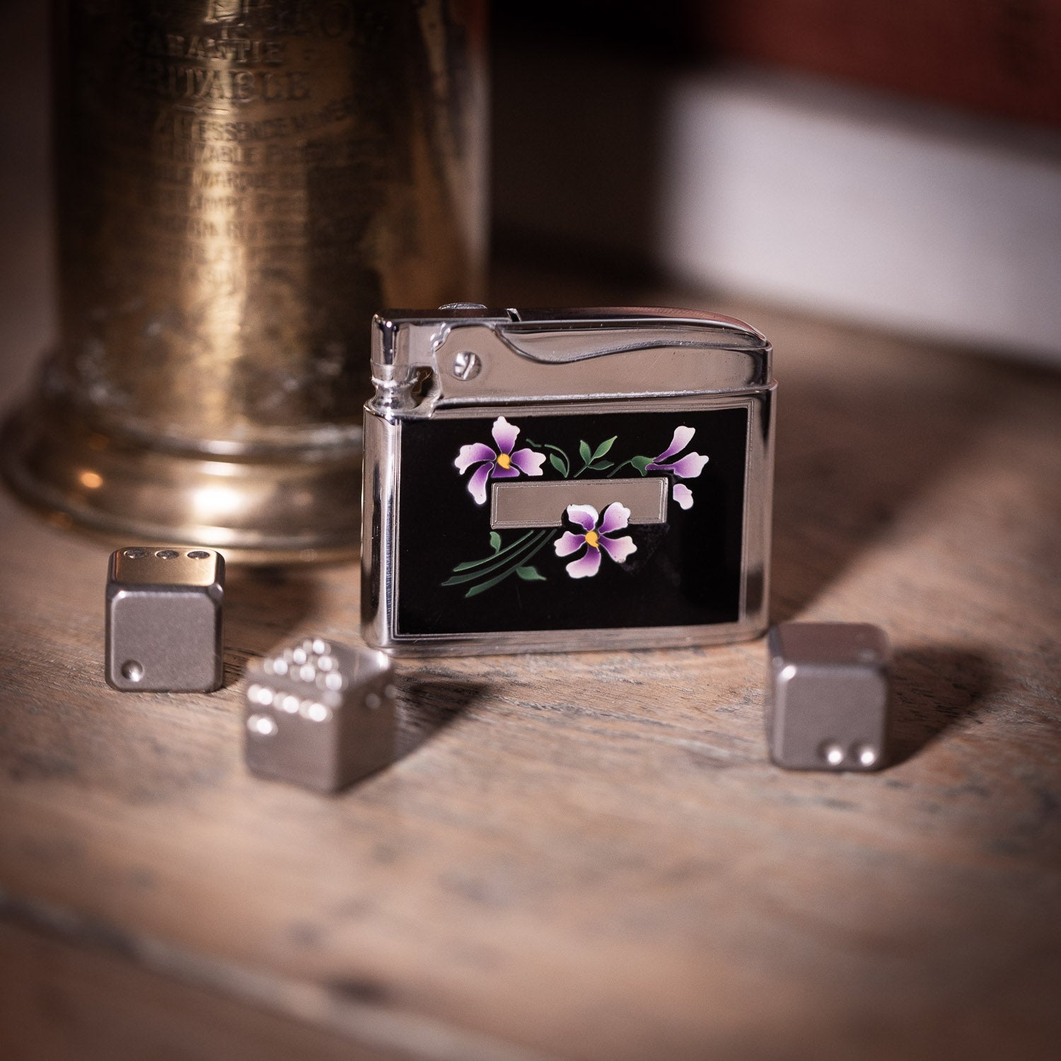 Vintage Ronson Adonis Lighter – Black Enamel w/ Purple Floral Design - Gladfellow