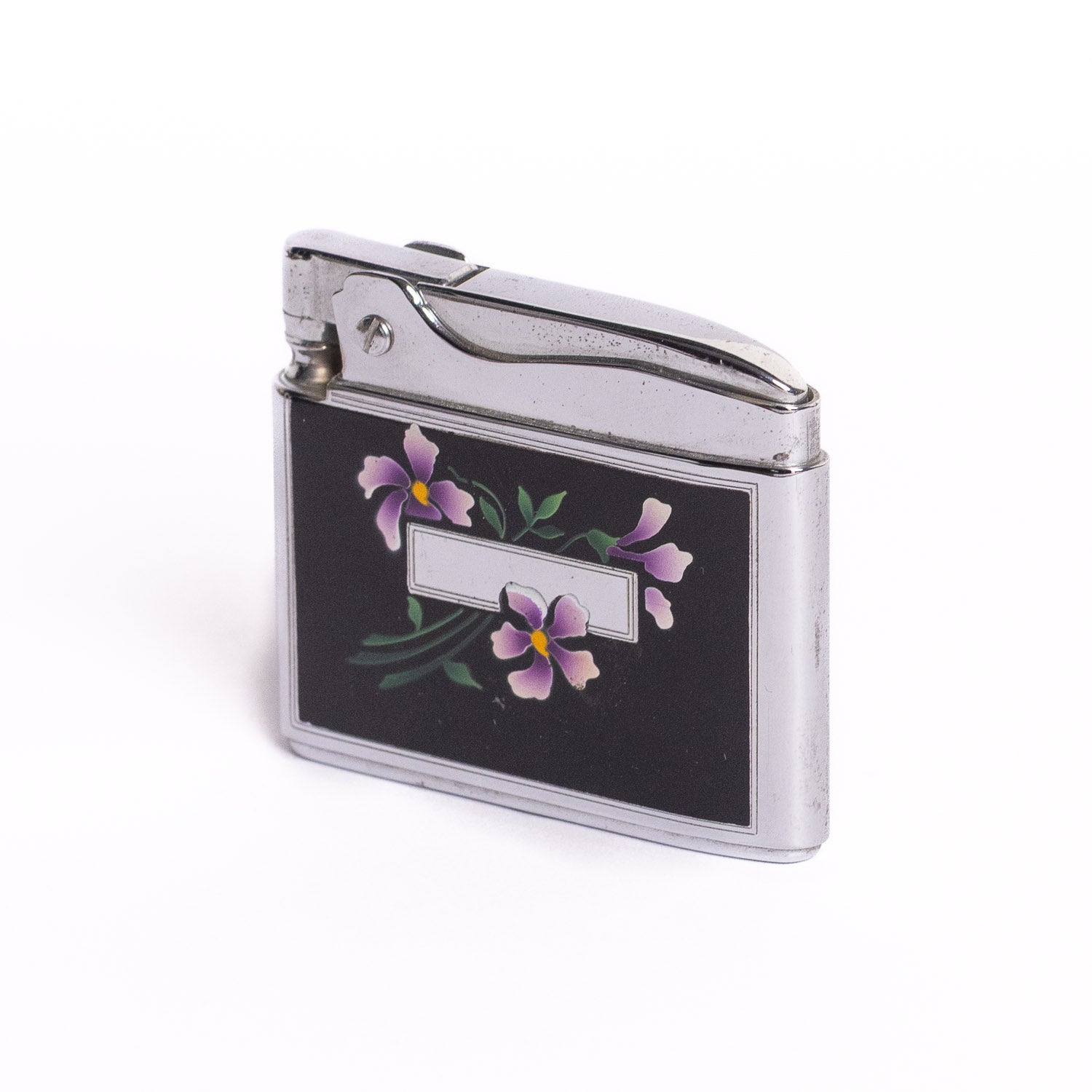 Vintage Ronson Adonis Lighter – Black Enamel w/ Purple Floral Design - Gladfellow